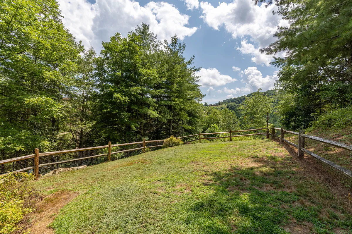 A wide view of lush greenery bordered by a fenced area, with distant hills in the background. The scene evokes an open, natural setting ideal for walks, picnics, and safe outdoor play for dogs.